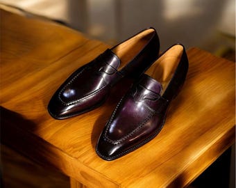 Handmade Men purple leather moccasin shoes, dress loafer shoe.