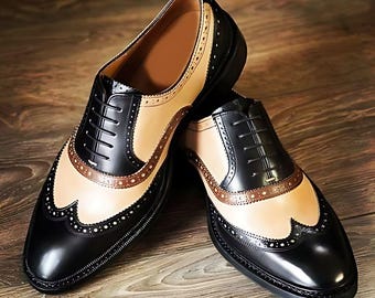 Handmade men black with beige and brown Oxford leather shoes: men brogue dress.