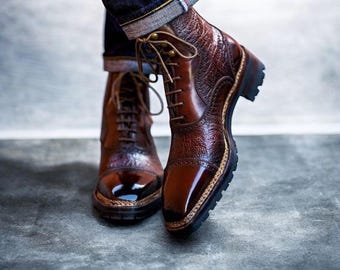 Stivaletti Chelsea da uomo fatti a mano in pelle bicolore, stivaletti Oxford Vibram con puntale.