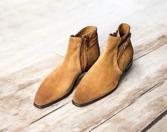 Men's Beige Suede Chelsea Ankle Boots, Side Zipper, Dress Casual