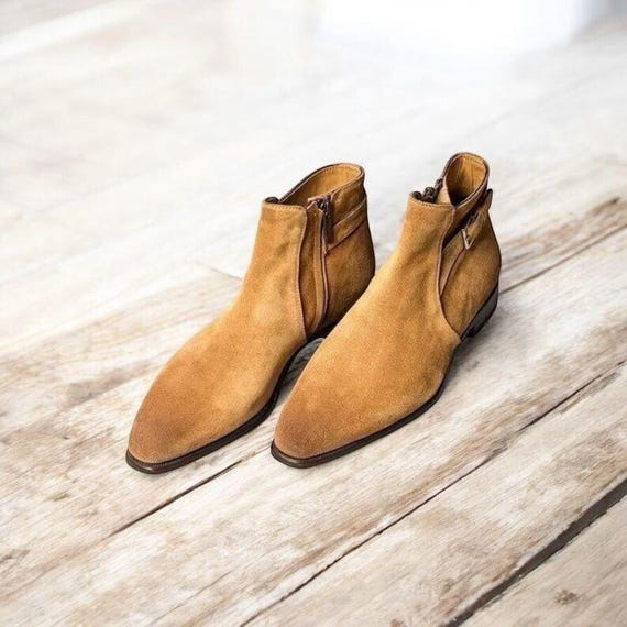 Men's Beige Suede Chelsea Ankle Boots, Side Zipper, Dress Casual