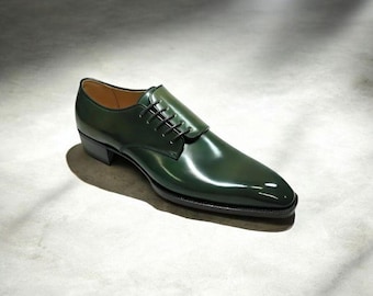 Handmade Men  Green Leather Oxford Dress Shoes: Bespoke Men's Lace-Up shoes.