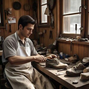 May include: A shoemaker working in a workshop, focused on crafting a pair of brown leather shoes. The craftsman is wearing a gray shirt and a white apron. The workshop has wooden walls and windows, with tools and materials visible.