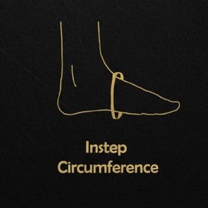 May include: Diagram illustrating foot measurement points for shoe sizing. The image shows outlines of feet with lines indicating foot length, instep circumference, and joint circumference. Text labels each measurement in gold on a black background.