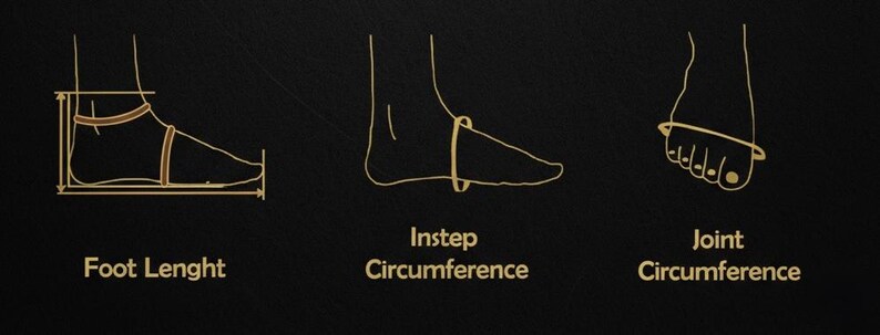May include: Diagram illustrating foot measurement points for shoe sizing. The image shows outlines of feet with lines indicating foot length, instep circumference, and joint circumference. Text labels each measurement in gold on a black background.