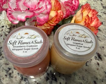 Handmade Whipped Sugar Scrub in Grapefruit and Strawberry Explosion. 5 oz jars