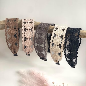 Floral Lace Headband, Wide Flower Pattern Hairband, Handmade Lightweight Wedding Hair Accessory, Boho Style