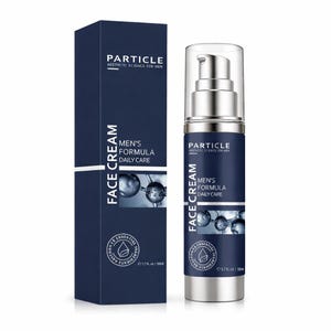 May include: A navy blue box and bottle of face cream. The box and bottle have the text "PARTICLE Aesthetic Science for Men", "MEN'S FORMULA DAILY CARE", and "FACE CREAM". The bottle is silver with a clear pump top. The bottle contains 1.7 fl oz / 50ml.