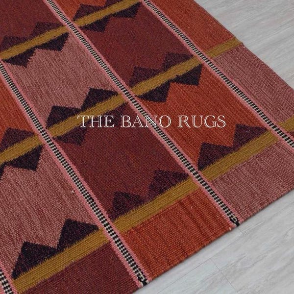 Handmade Wool Kilim Rug, Bold Geometric Tribal Design, Rust Burgundy Tones for Home.