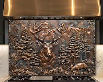 Dosseret en verre rustique avec wapiti, décoration de cuisine animalière de la forêt de montagne, scène de cerf en bronze