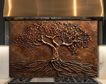 Arbre de vie dosseret en verre, décoration de cuisine nature rustique, art mural arbre racine de cuivre