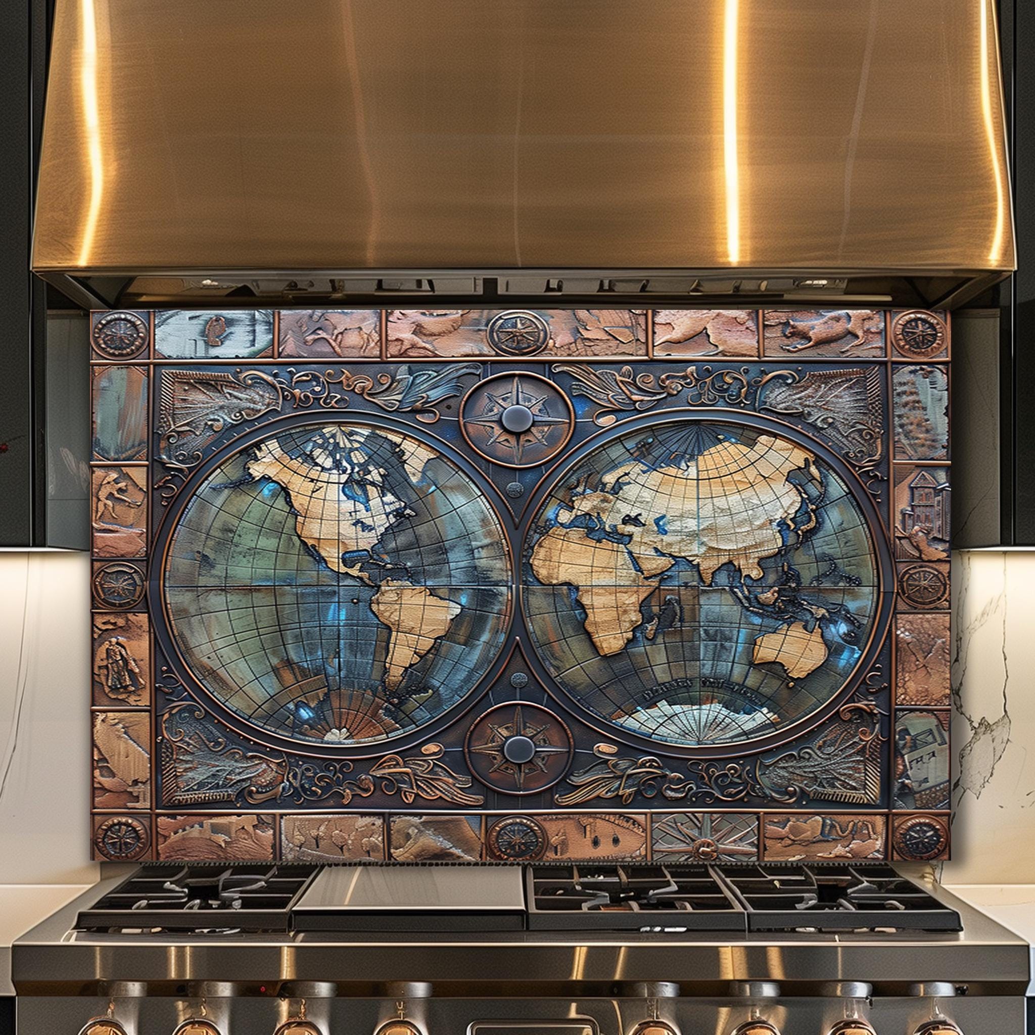 Vintage Weltkarte Glas Backsplash, Antike Atlas Küche Wandplatte, Reise Dekor