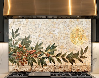 Dosseret en verre mosaïque de branche d'olivier, panneau mural de cuisine méditerranéenne