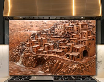 Village méditerranéen dosseret en verre, décoration de cuisine de ville côtière, art mural paysage toscan