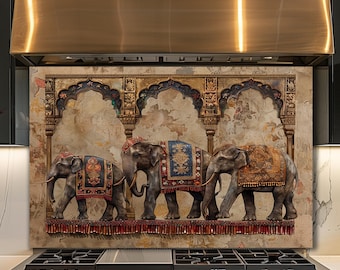 Dosseret en verre éléphant indien, panneau mural de cuisine bohème, décoration de palais vintage