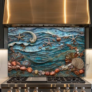 Seashell Ocean Tempered Glass Backsplash, Turquoise Coastal Kitchen Splashback, Stove Wall Protector, Starfish Cooktop Art