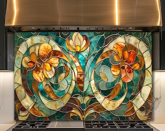 Rivestimento decorativo floreale in stile Art Nouveau, pannello a parete in vetro colorato color oro turchese per la cucina.