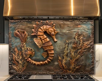 Dosseret en verre hippocampe, décoration de cuisine côtière, panneau de verre imprimé UV Ocean Life
