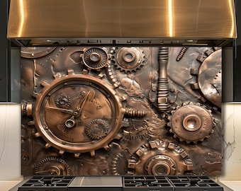 Dosseret en verre Steampunk Gear, décoration de cuisine mécanique industrielle, art mural rouage cuivre