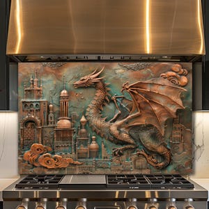May include: A rectangular metal backsplash panel featuring a high-relief sculpture of a dragon flying over a detailed architectural cityscape. The artwork displays a weathered copper and teal patina finish with stylized clouds and towers.