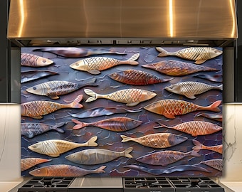 Dosseret en verre poisson, décoration de cuisine côtière, art mural nautique, panneau de verre imprimé UV