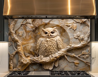 Dosseret en verre hibou, panneau mural de cuisine boisé, décoration nature rustique, art beige