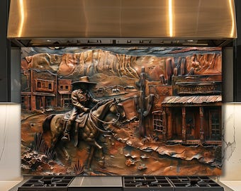 Dosseret en verre de cow-boy occidental, décoration de cuisine ranch rustique, art mural cheval du désert
