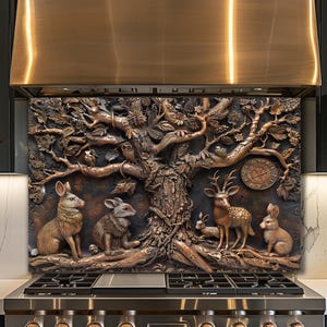 Op de afbeelding: Een bronzen metalen achterwandpaneel met een hoogreliëf van een grote boom met bosdieren, waaronder een hert, konijnen en een uil. Een ronde klok is geïntegreerd in de takken boven het hert.
