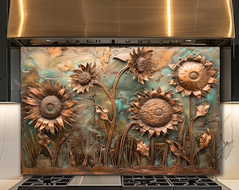 Dosseret en verre tournesol, décoration florale rustique de cuisine, panneau d'art mural botanique en cuivre