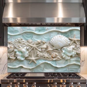Coastal Seashell Glass Backsplash, Beach Ocean Kitchen Decor, UV Printed Tempered Glass Panel