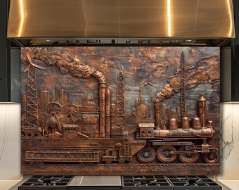 Dosseret en verre de train industriel, décoration de cuisine d'usine steampunk, art mural ferroviaire vintage
