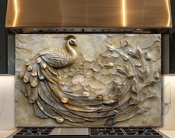 Dosseret en verre paon, élégant panneau mural de cuisine oiseau doré, décoration de luxe