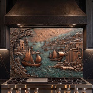 Verdigris Copper Harbor Tempered Glass Backsplash, Mediterranean Kitchen Splashback, Stove Wall Protector, Nautical Sailing Scene Art