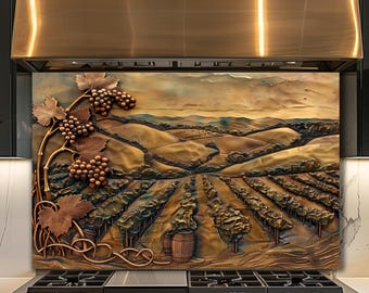 Dosseret en verre de vigne, décoration de cuisine de campagne de vin de Toscane, art mural de vigne de raisin