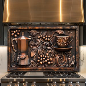 Könnte beinhalten: Kupferfarbene dekorative Küchenrückwand mit Kaffeemotiv. Das Reliefdesign umfasst eine Kaffeekanne, eine Tasse mit Untertasse, Kaffeebohnen sowie florale und wirbelnde Muster. Sie ist über einem Gasherd aus Edelstahl montiert.