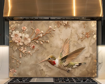Dosseret floral en verre Colibri, panneau de cuisine nature vintage
