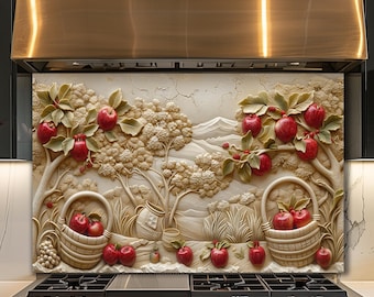Dosseret en verre de verger de pommiers, déco de cuisine de fruits rustique, panneau mural de pommiers de ferme