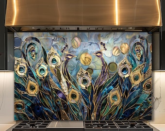 Dosseret en verre art déco plumes de paon, panneau mural de cuisine bleu sarcelle d'or