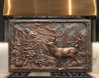 Dosseret en verre rustique avec wapiti, décoration de cuisine de la faune de la forêt de montagne, art mural pour cabane de lodge