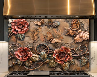 Dosseret en verre rose papillon, panneau mural de cuisine floral bronze, décoration vintage