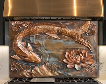 Dosseret en verre poisson koi, décoration de cuisine Lotus Pond, panneau d'art mural jardin aquatique zen