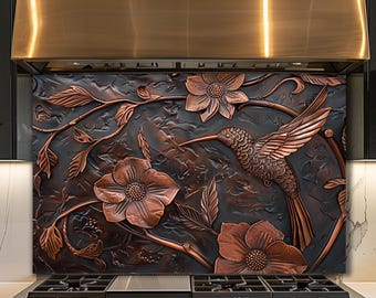 Colibri, dosseret en verre, décoration florale de cuisine, art mural botanique en cuivre, design nature