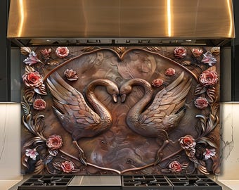 Dosseret en verre Swan Love, décoration de cuisine rose romantique, panneau d'art mural oiseau élégant