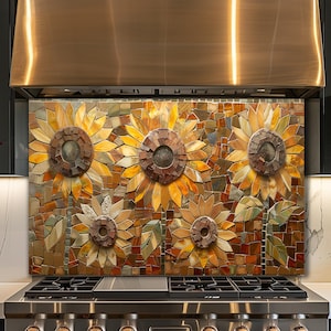 Può includere: Un paraschizzi a mosaico con cinque girasoli con centri marroni e petali gialli e arancioni. Il mosaico è composto da varie piastrelle colorate, creando un aspetto strutturato. Foglie verdi sono intercalate tra i fiori. Il paraschizzi è installato sopra un fornello in acciaio inossidabile.