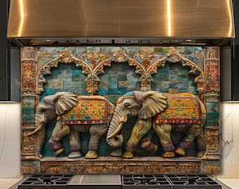 Dosseret en verre éléphant, panneau mural de cuisine indienne bohème, art déco carrelage exotique
