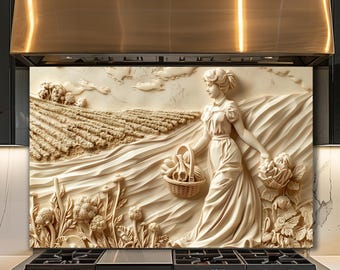 Dosseret en verre de récolte de ferme, décor de crédence de cuisine de femme de campagne rustique