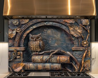 Dosseret en verre hibou, déco bibliothèque vintage, panneau d'art mural cuisine bois rustique