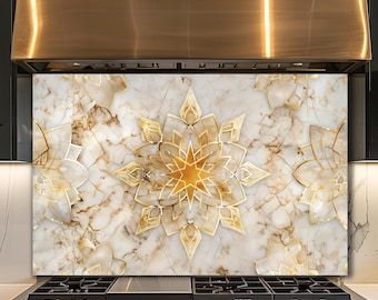 Dosseret en verre marbré mandala doré, panneau de cuisine géométrique de luxe