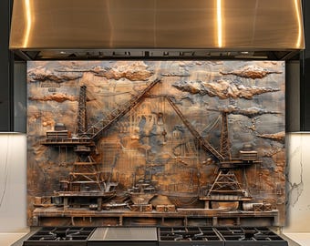 Dosseret en verre de grue portuaire, décoration de cuisine de quai industriel, art mural port steampunk