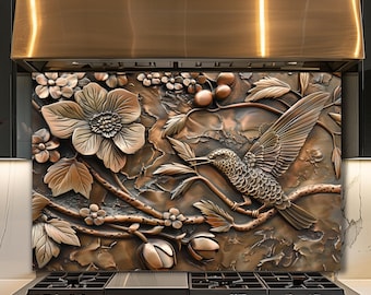 Dosseret en verre colibri, décoration de cuisine oiseau floral, panneau mural nature bronze